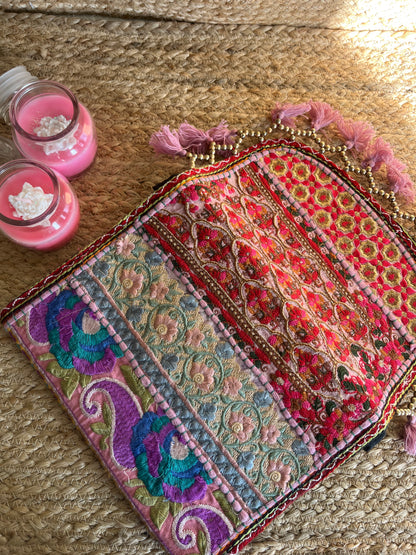 Baby Pink Multi-Color Hand Embroidered Patchwork Sling Bag