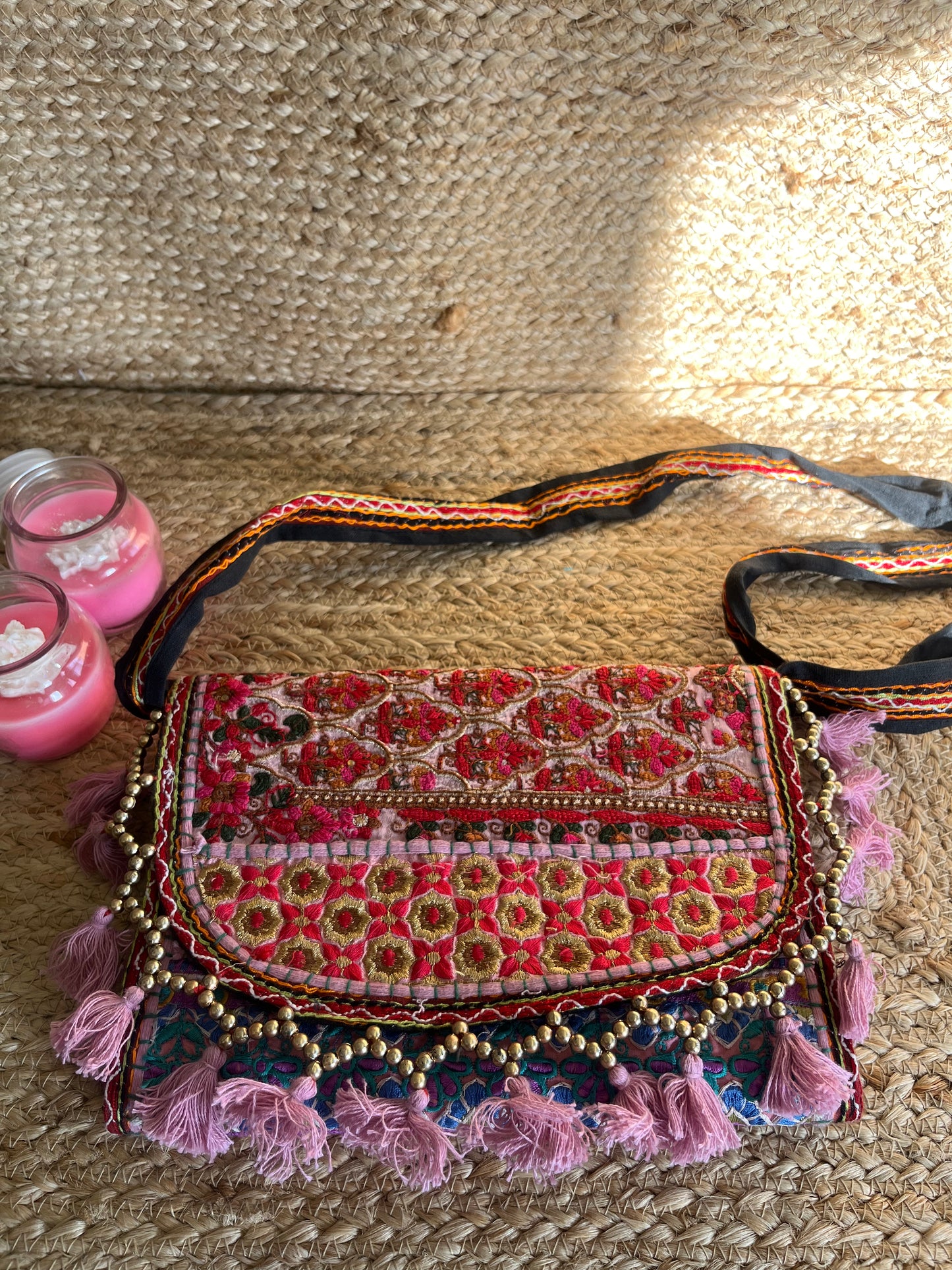 Baby Pink Multi-Color Hand Embroidered Patchwork Sling Bag