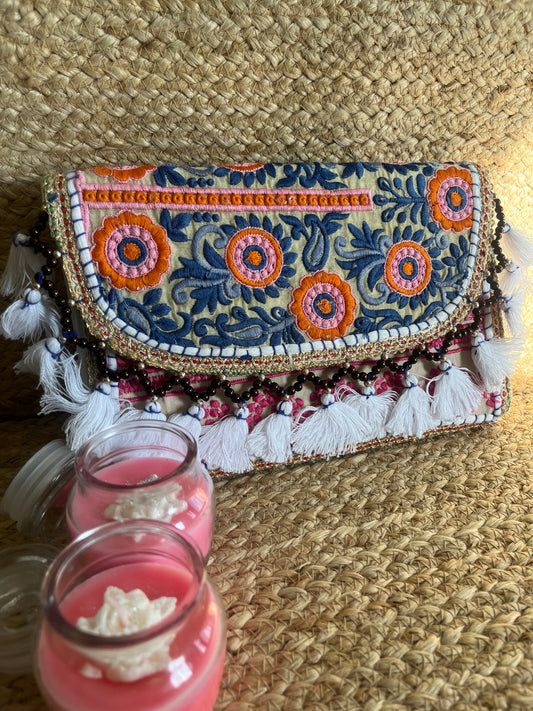Blue Beige Multi Color Hand Embroidered Patchwork Sling Bag