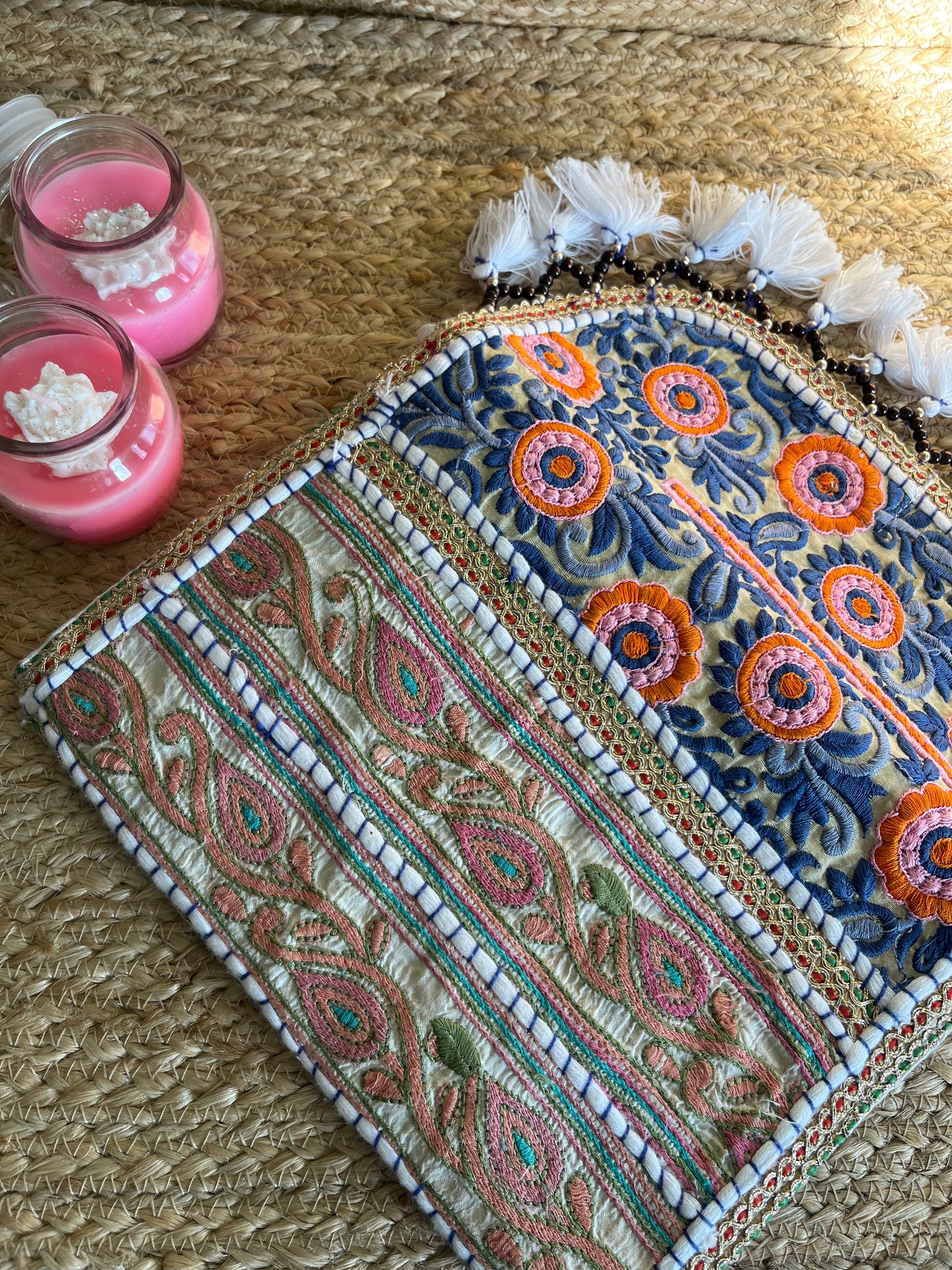 Blue Beige Multi Color Hand Embroidered Patchwork Sling Bag