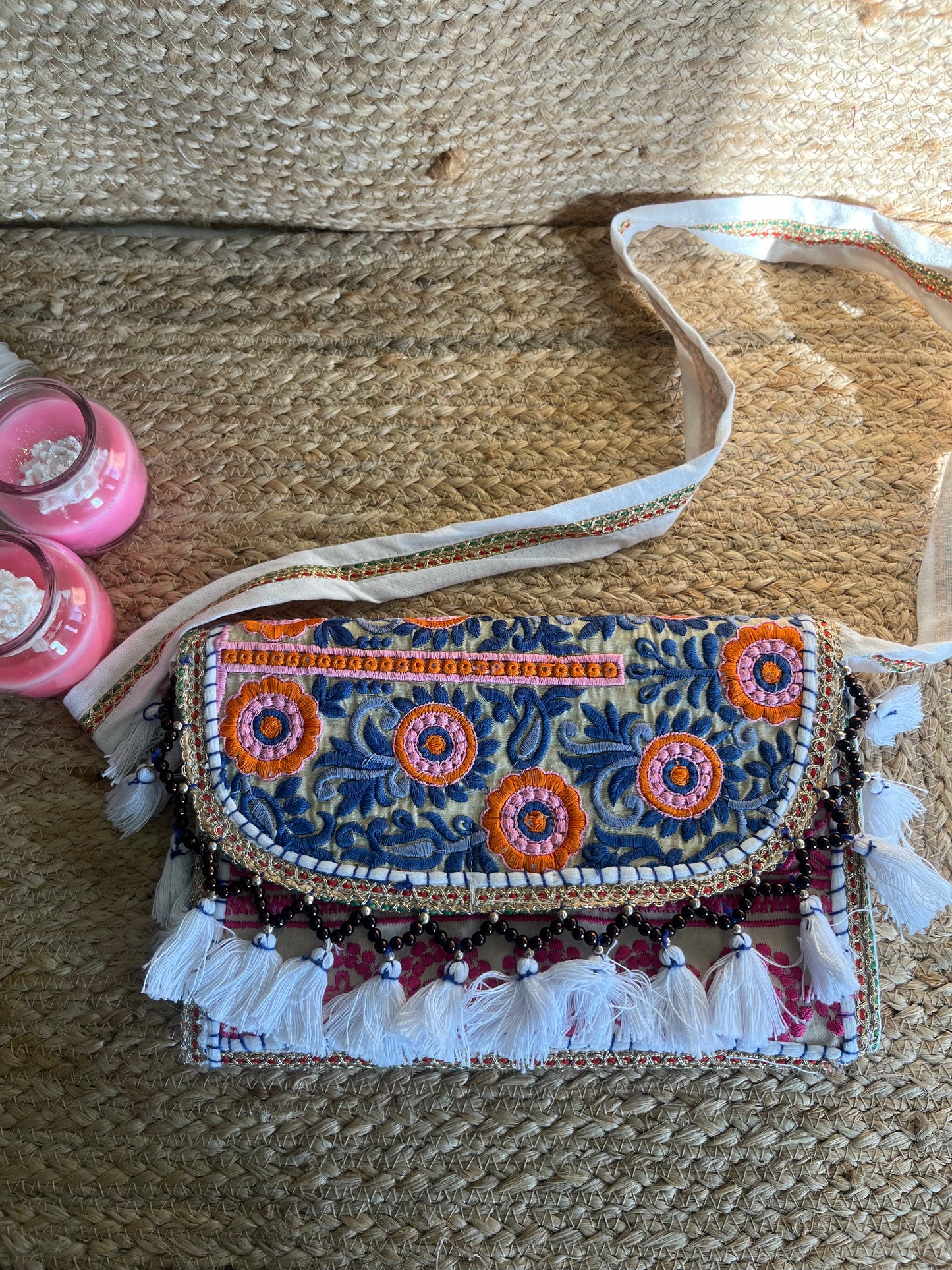 Blue Beige Multi Color Hand Embroidered Patchwork Sling Bag