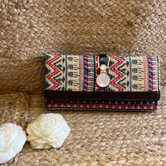 Women Beige Pink Ethnic Handblock Printed Vegan Leather Wallet