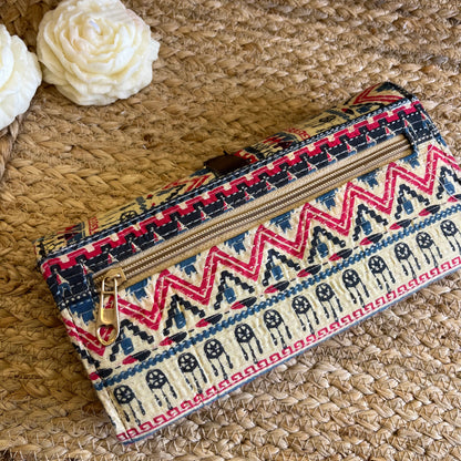 Women Beige Pink Ethnic Handblock Printed Vegan Leather Wallet