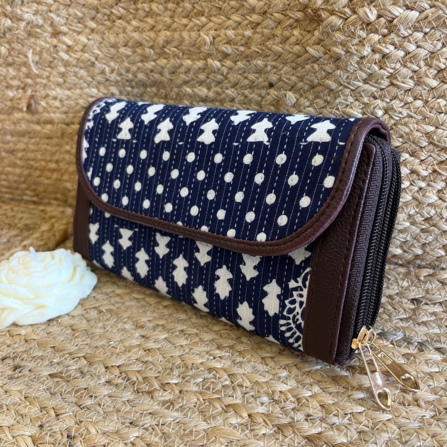 Women Dark Blue Ethnic Handblock Printed Zip Around Vegan Leather Wallet