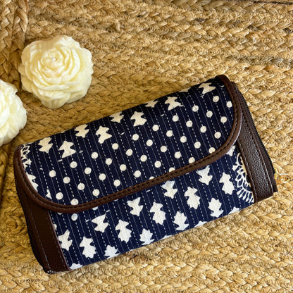 Women Dark Blue Ethnic Handblock Printed Zip Around Vegan Leather Wallet
