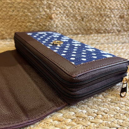 Women Dark Blue Ethnic Handblock Printed Zip Around Vegan Leather Wallet