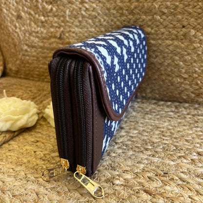 Women Dark Blue Ethnic Handblock Printed Zip Around Vegan Leather Wallet