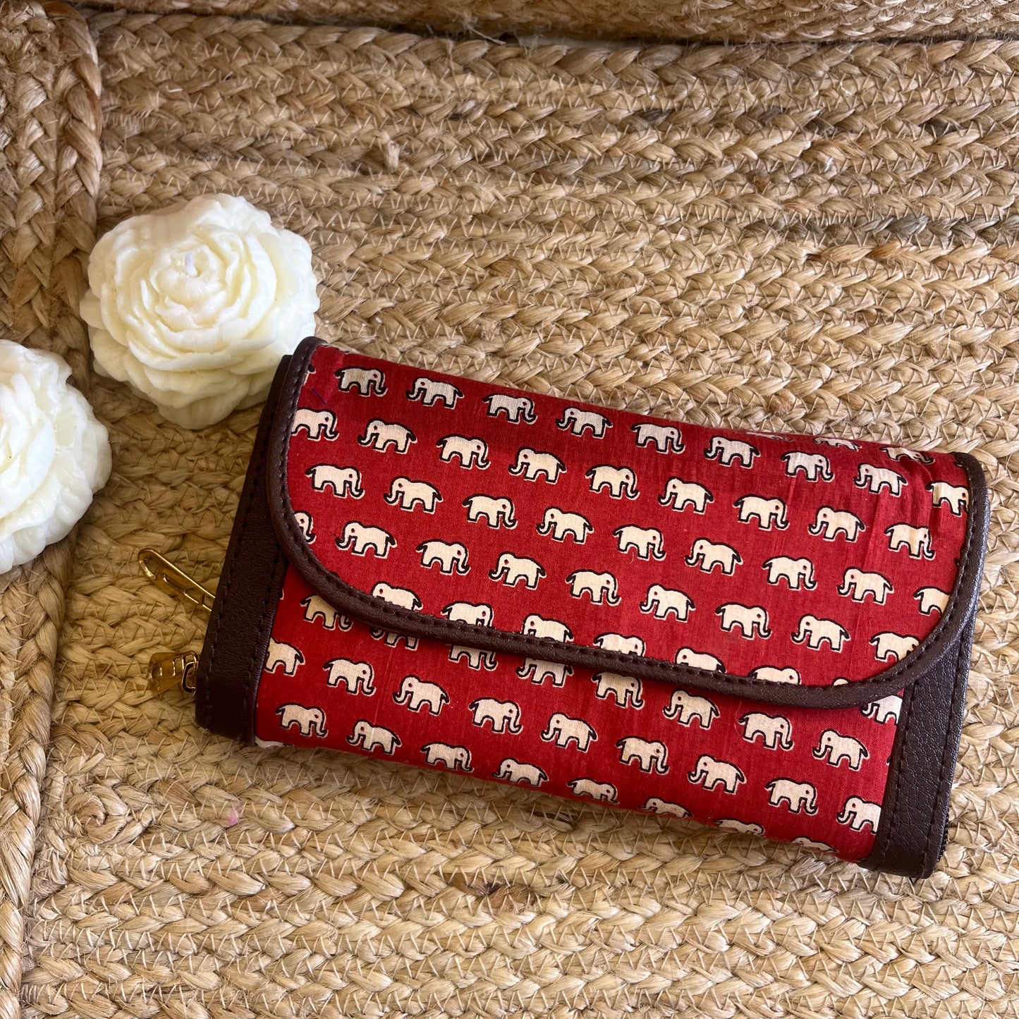 Women Red Elephant Ethnic Handblock Printed Zip Around Vegan Leather Wallet