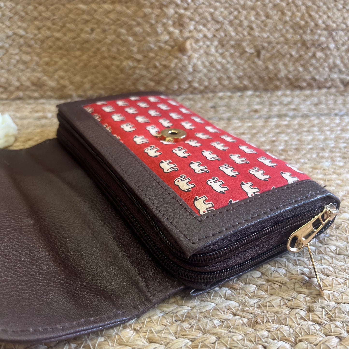 Women Red Elephant Ethnic Handblock Printed Zip Around Vegan Leather Wallet