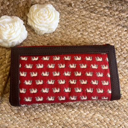 Women Red Elephant Ethnic Handblock Printed Zip Around Vegan Leather Wallet