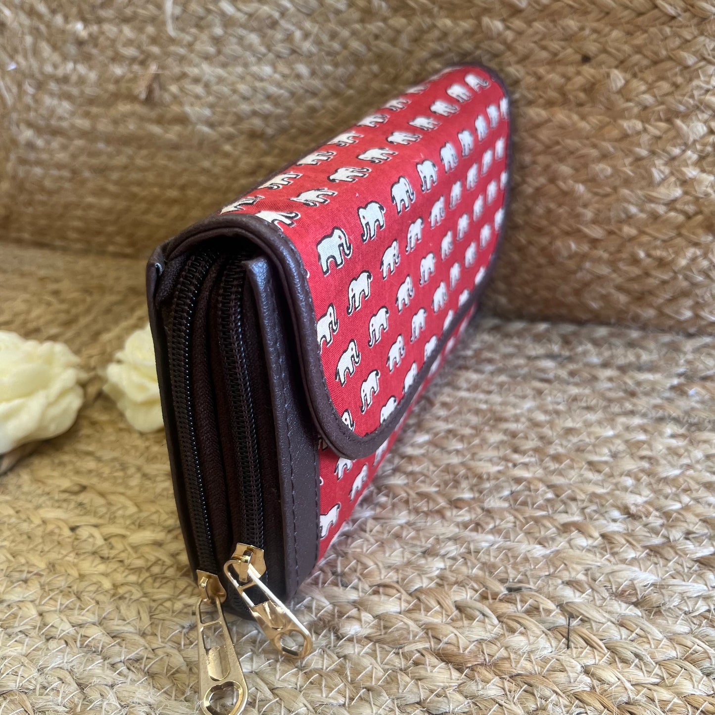Women Red Elephant Ethnic Handblock Printed Zip Around Vegan Leather Wallet