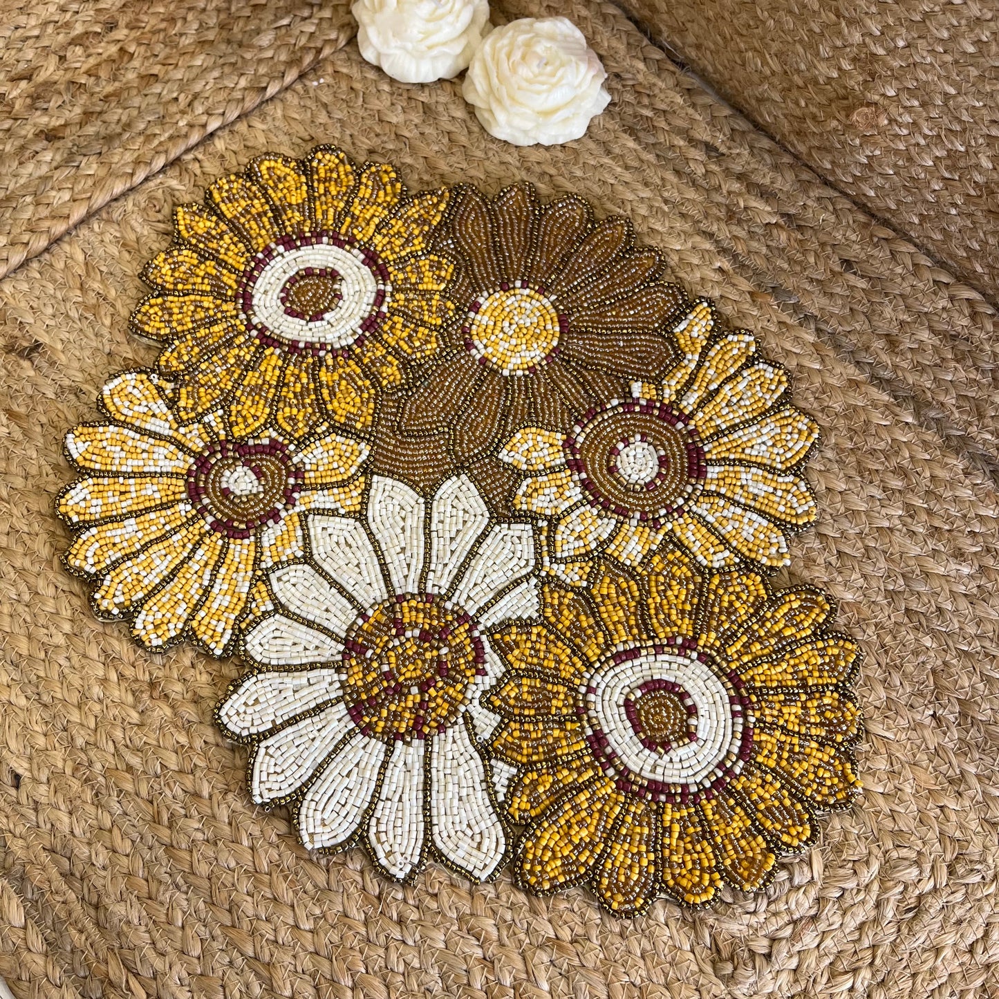 Yellow Abstract Floral Glass Beaded Table Placemat