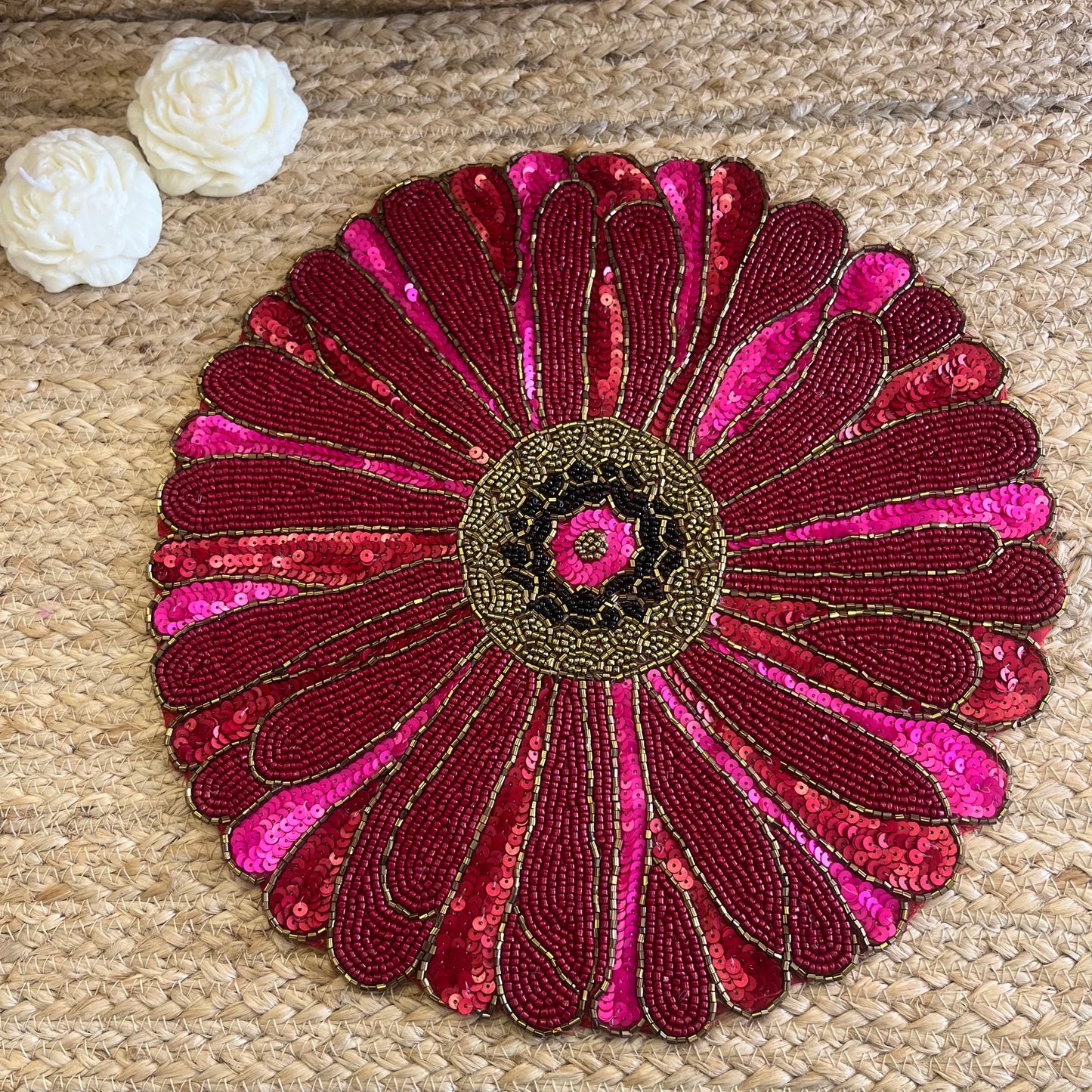 Pink Abstract Flower Handmade Glass Beaded Table Placemat