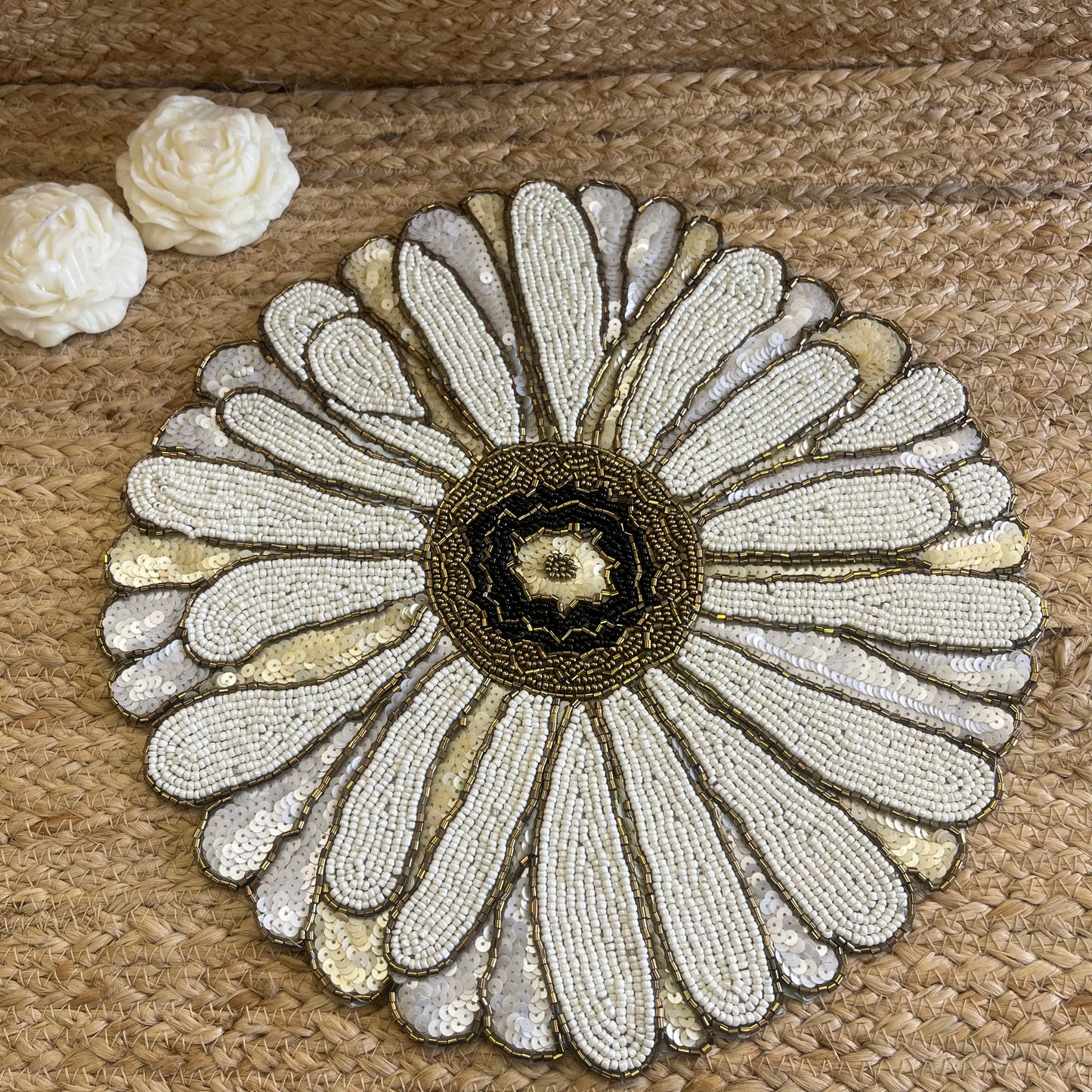 White Floral Abstract Glass Beaded Table Placemat