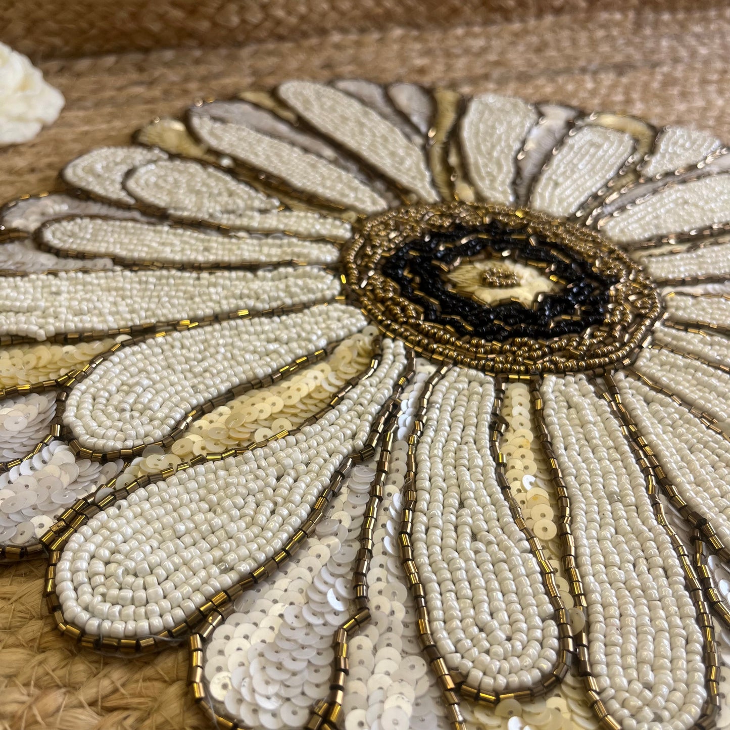 White Floral Abstract Glass Beaded Table Placemat
