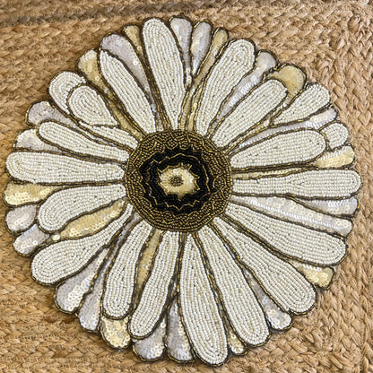 White Floral Abstract Glass Beaded Table Placemat
