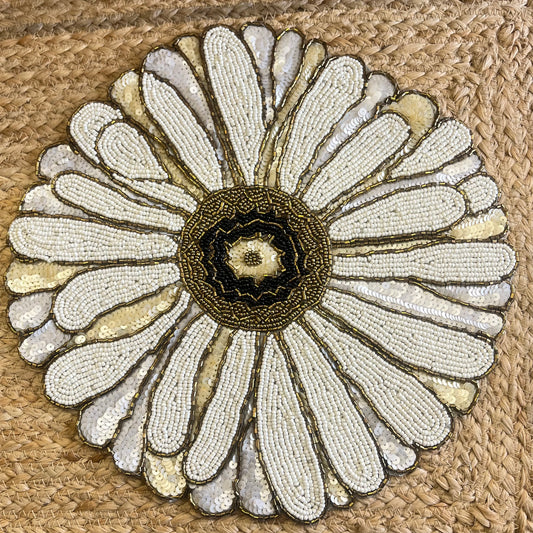 White Floral Abstract Glass Beaded Table Placemat