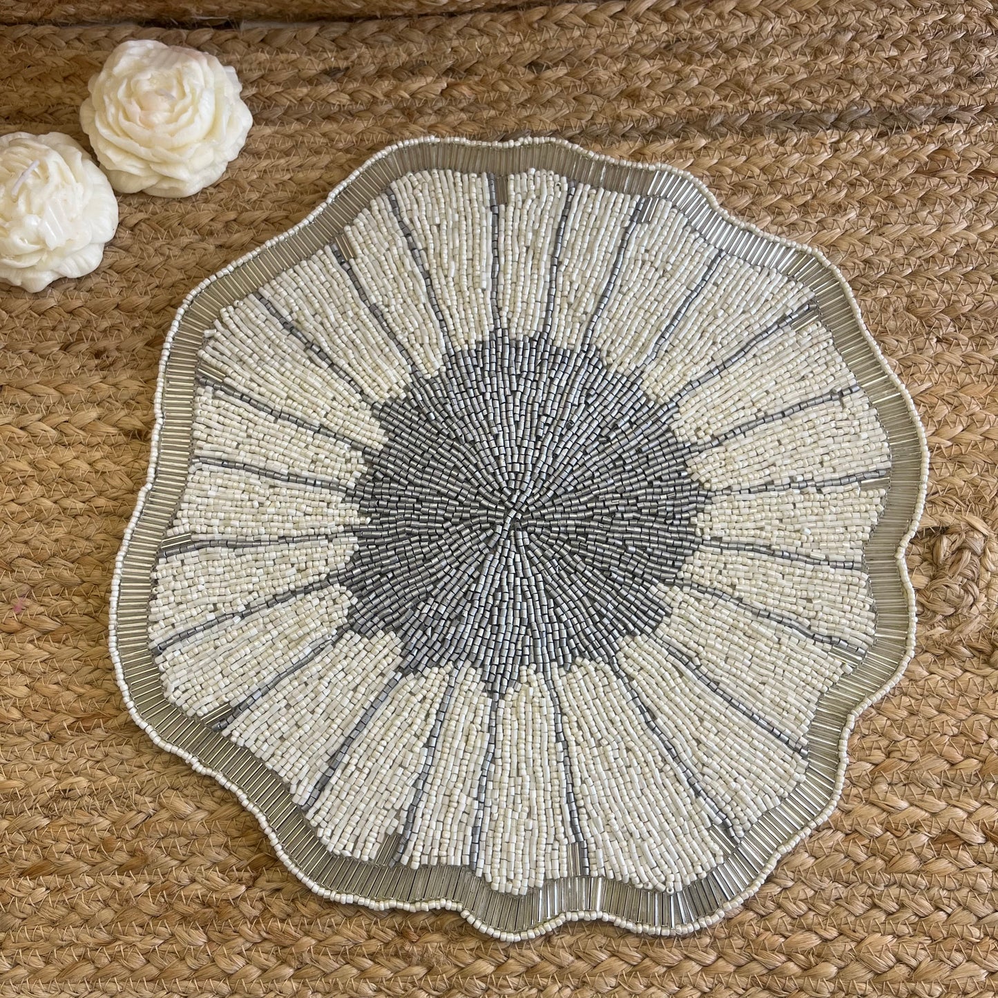 Grey Floral Abstract Glass Beaded Table Placemat