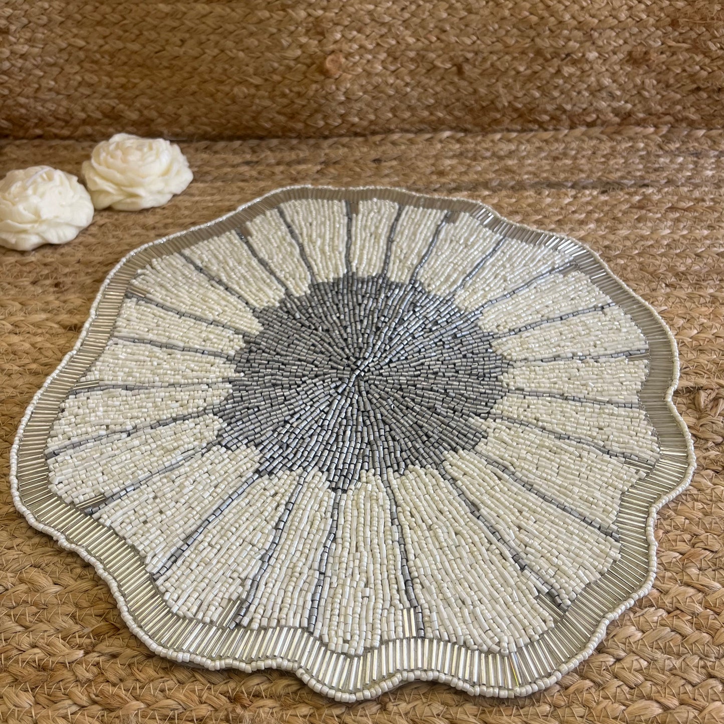 Grey Floral Abstract Glass Beaded Table Placemat