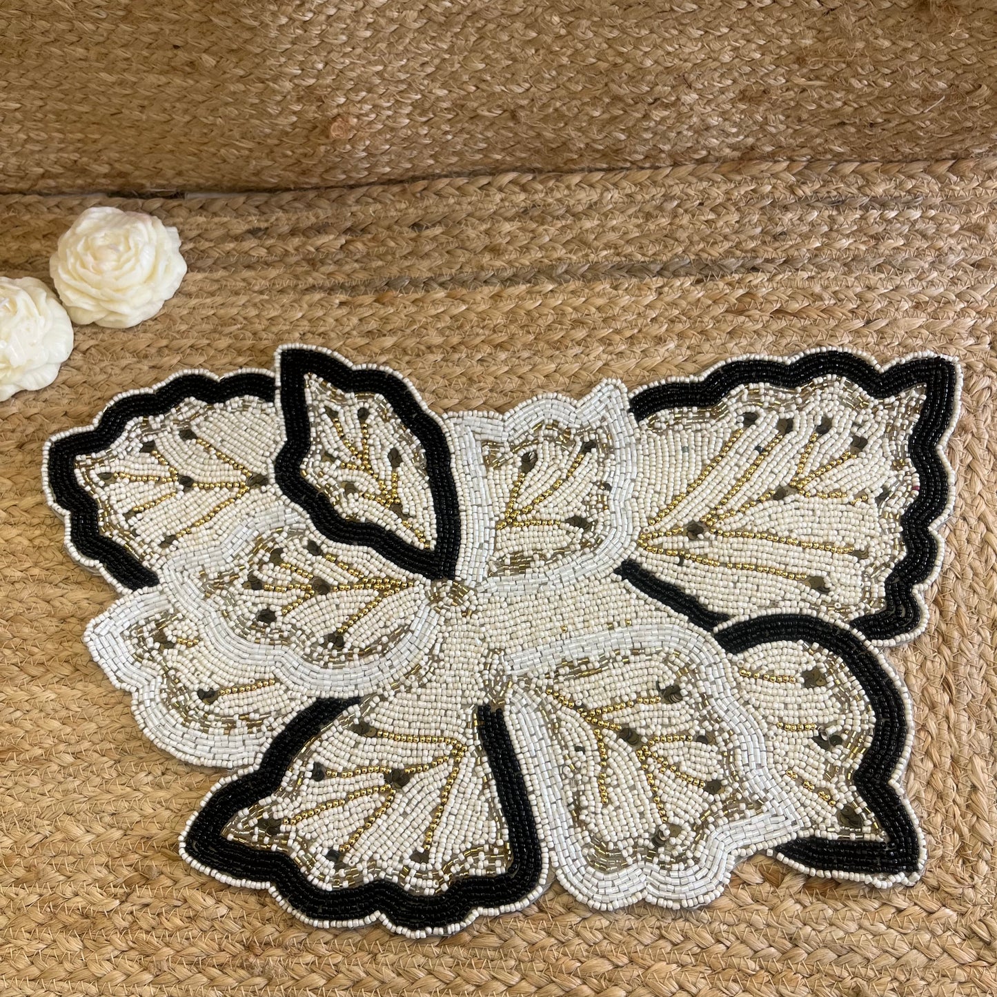 Black White Leaf Butterfly Glass Beaded Table Placemat