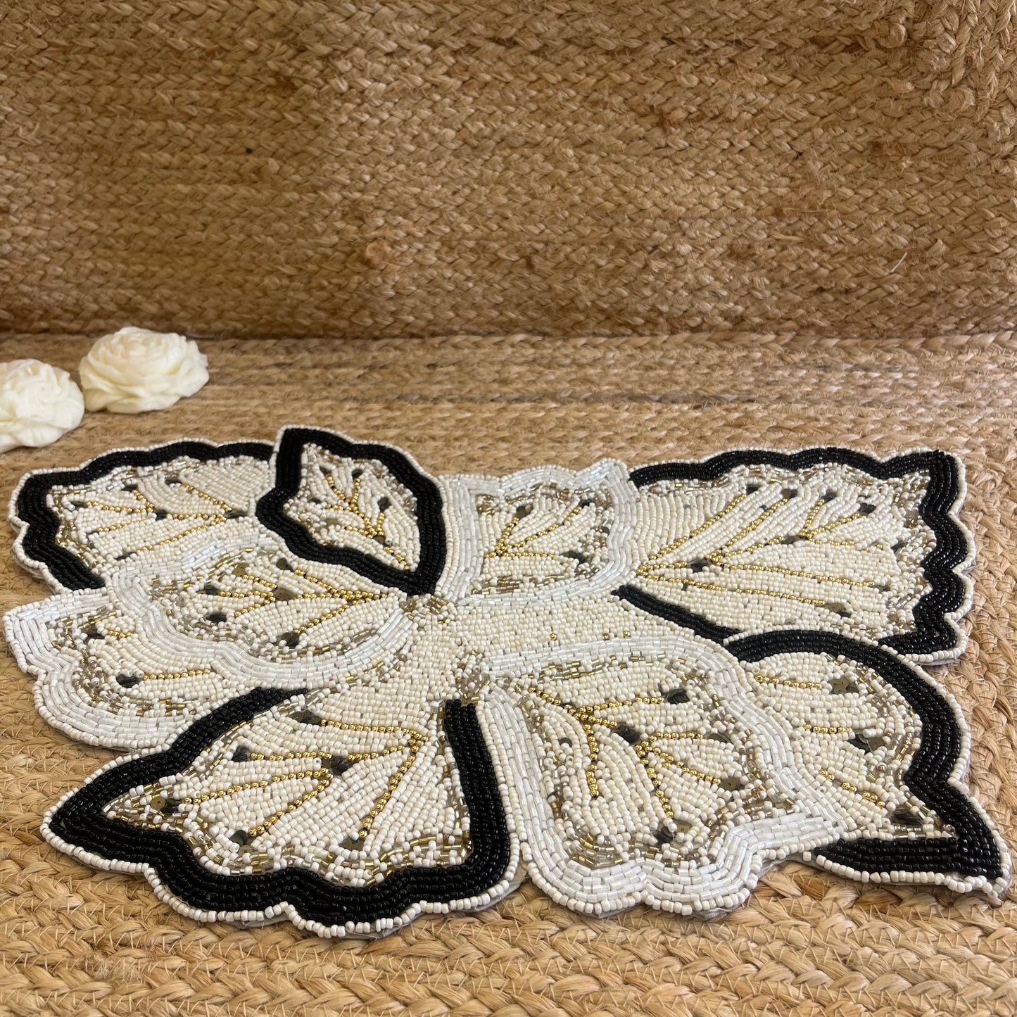 Black White Leaf Butterfly Glass Beaded Table Placemat