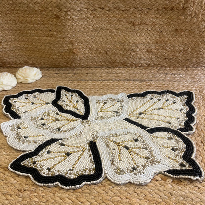 Black White Leaf Butterfly Glass Beaded Table Placemat