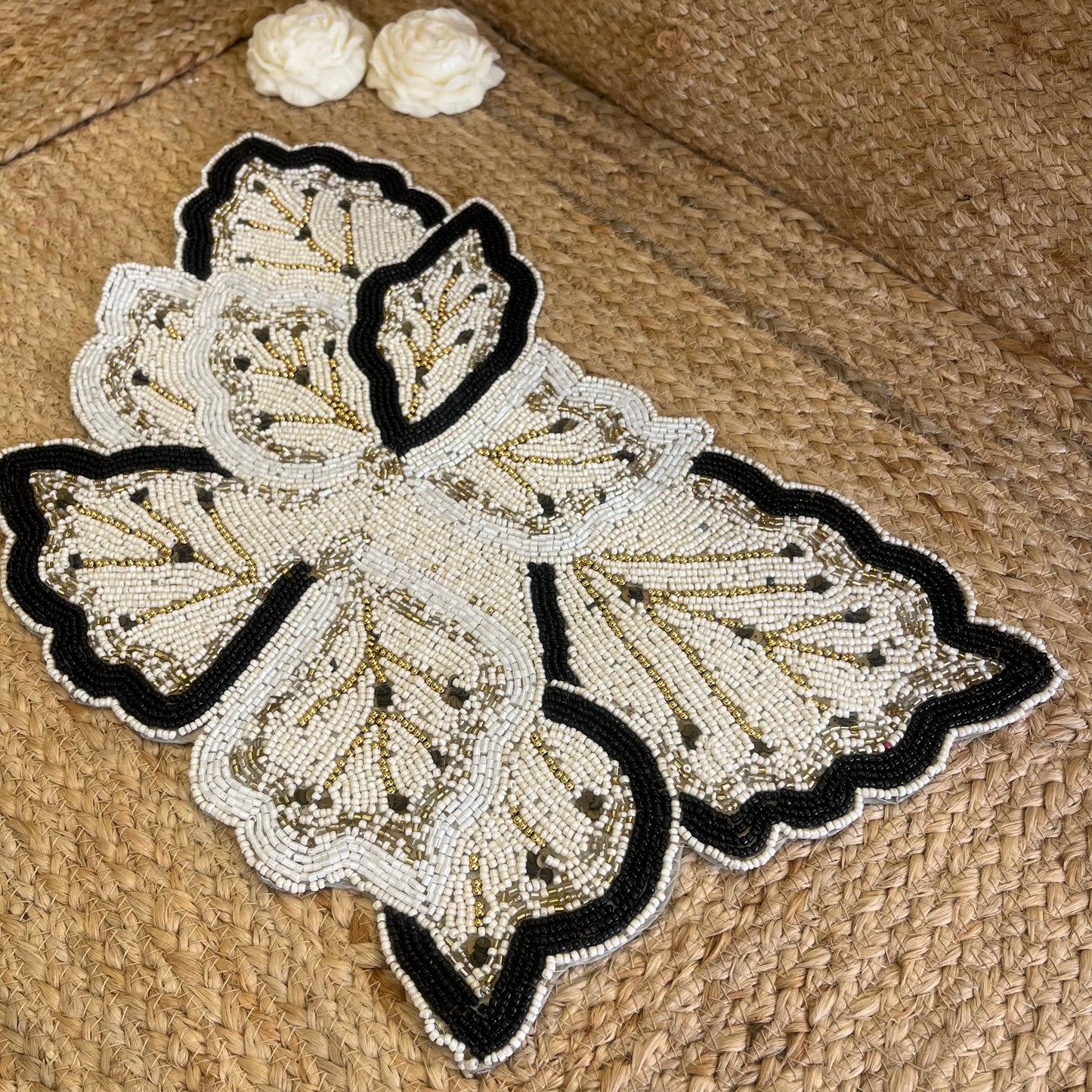 Black White Leaf Butterfly Glass Beaded Table Placemat