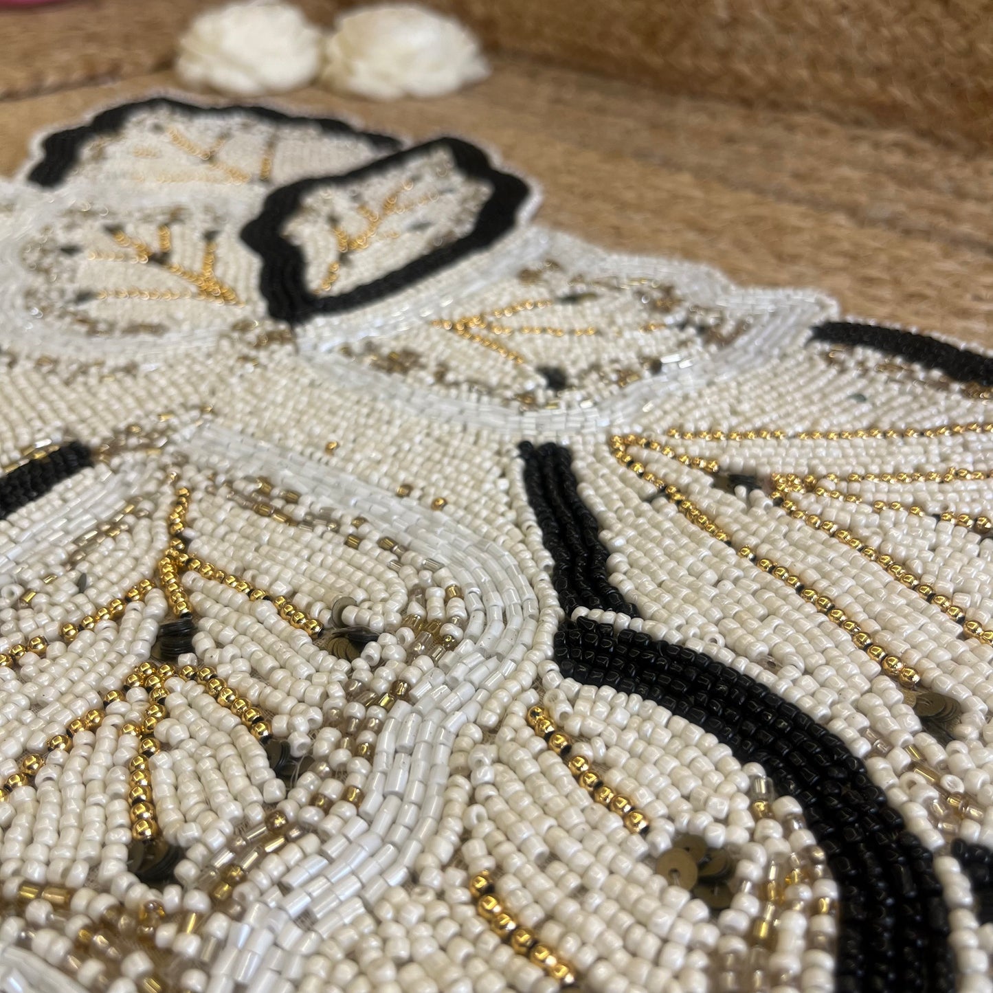 Black White Leaf Butterfly Glass Beaded Table Placemat