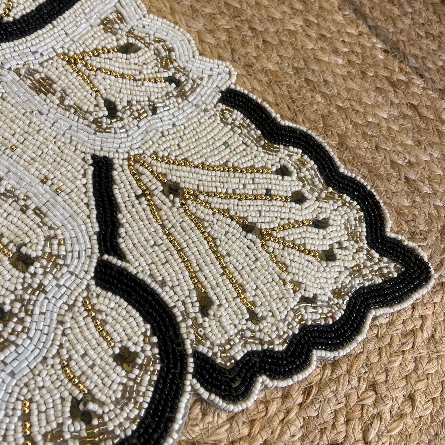 Black White Leaf Butterfly Glass Beaded Table Placemat