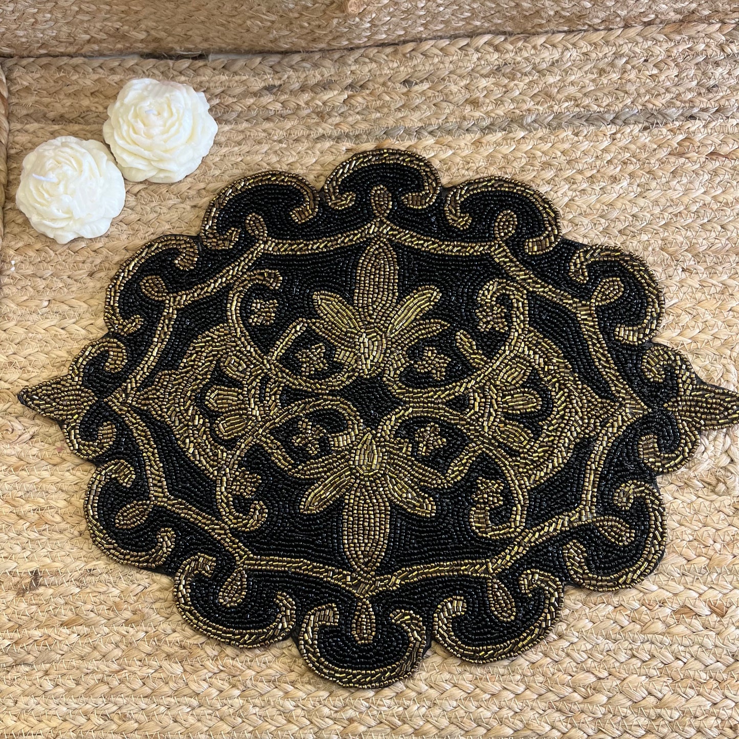 Black Abstract Glass Beaded Table Placemat