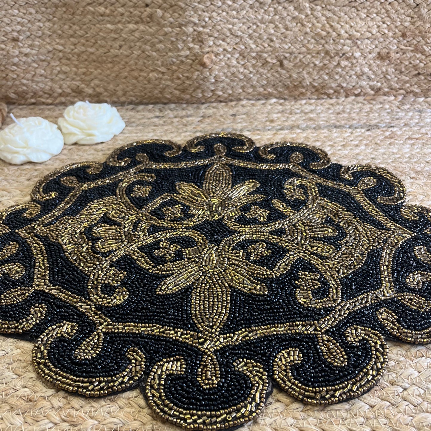 Black Abstract Glass Beaded Table Placemat