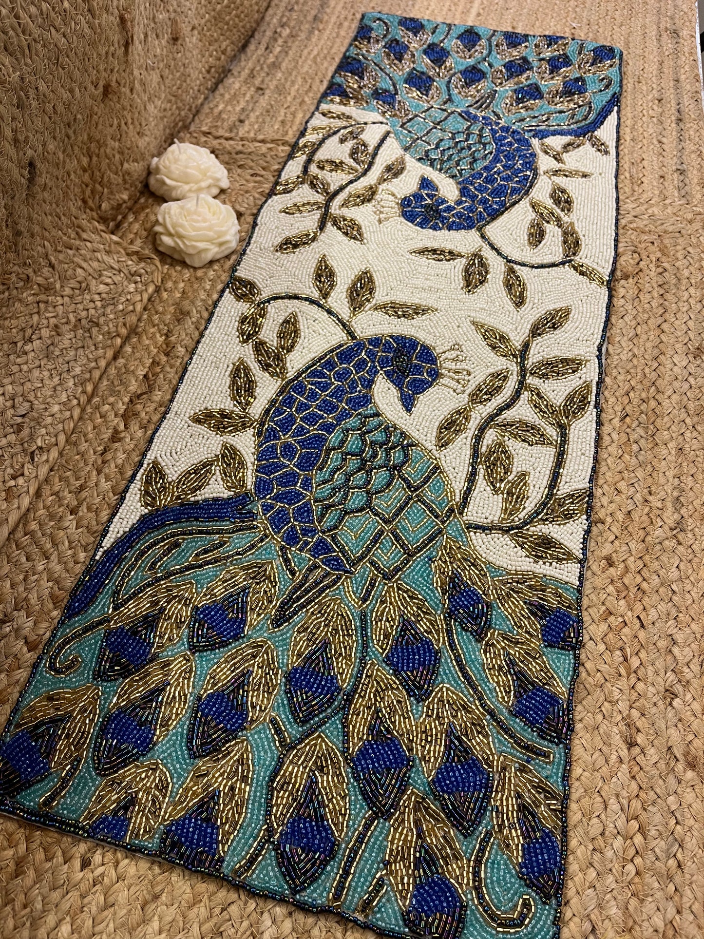 Blue Peacock Glass Beaded Table Runner (35 inch x 12 inch)