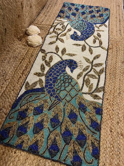 Blue Peacock Glass Beaded Table Runner (35 inch x 12 inch)
