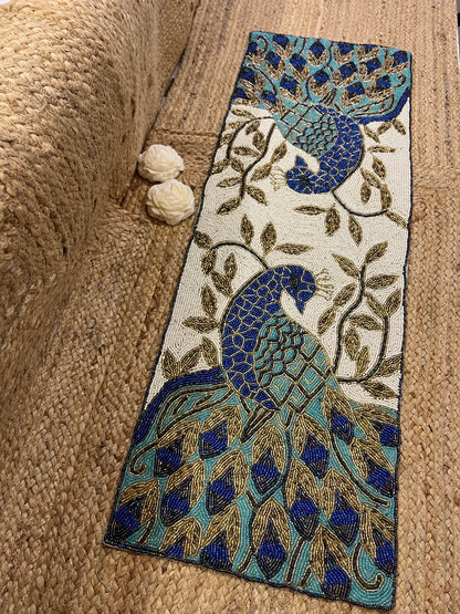 Blue Peacock Glass Beaded Table Runner (35 inch x 12 inch)