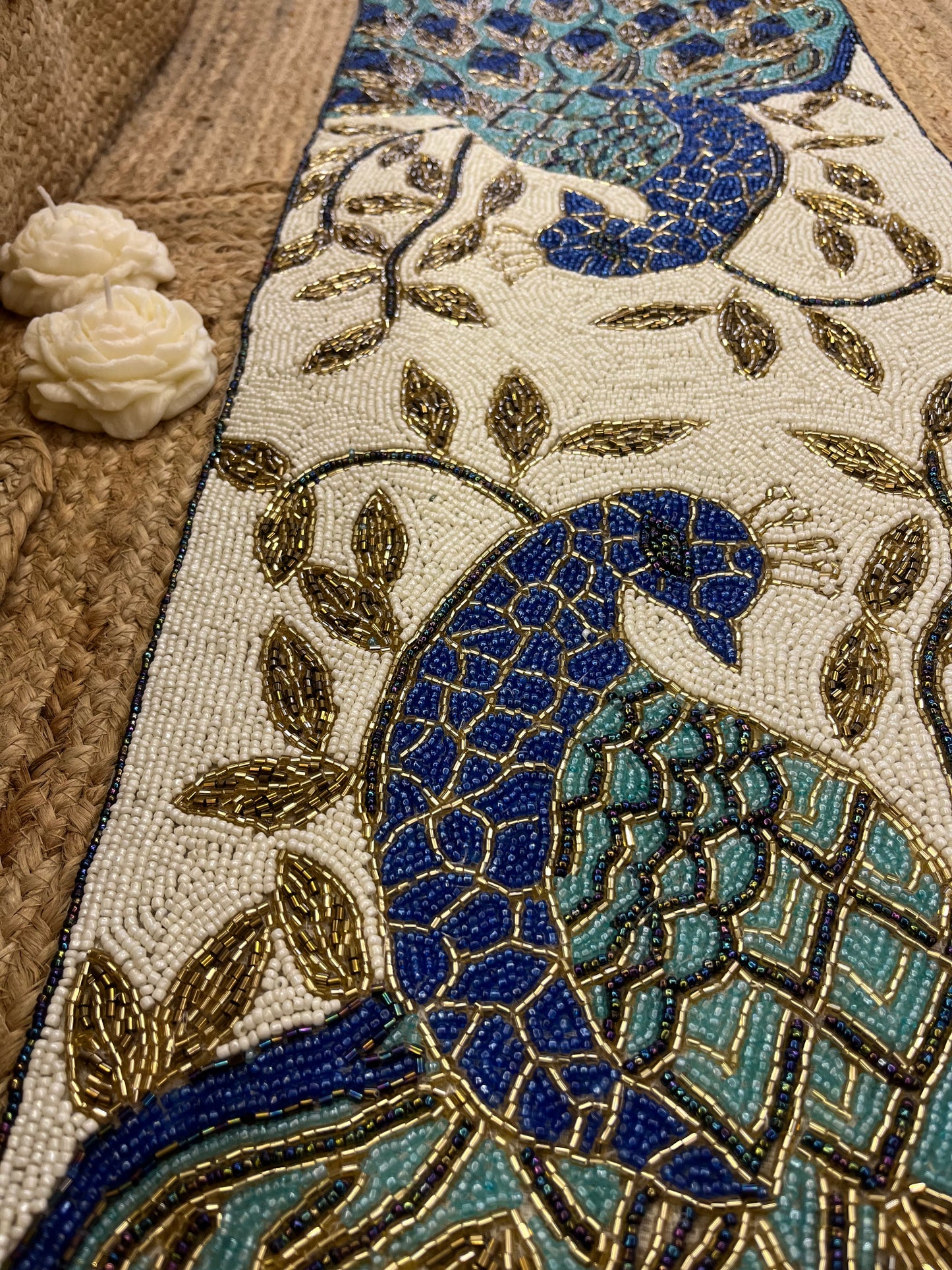Blue Peacock Glass Beaded Table Runner (35 inch x 12 inch)