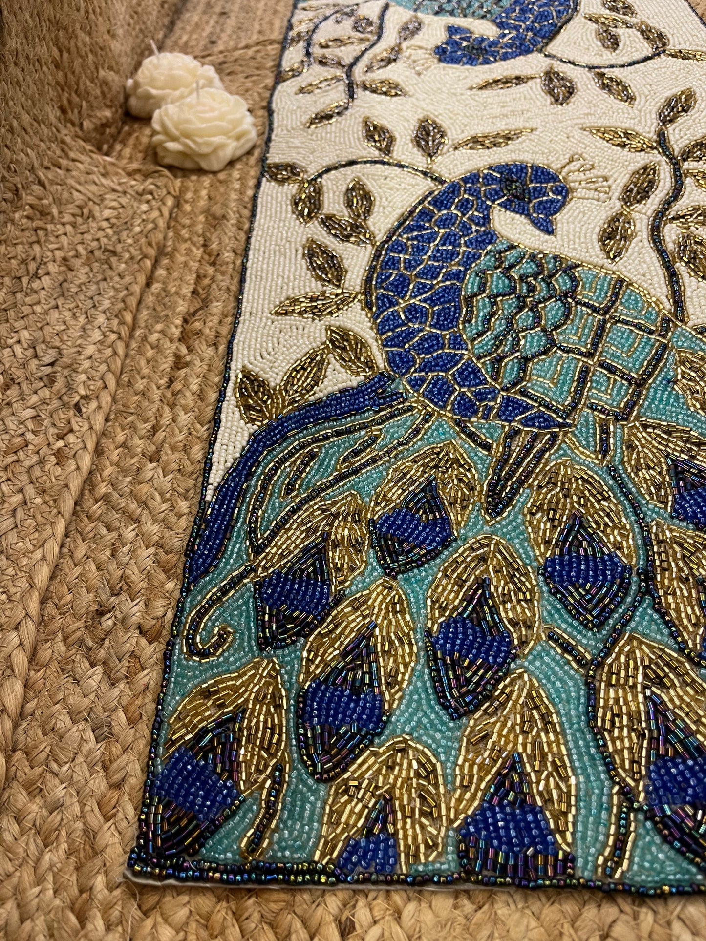Blue Peacock Glass Beaded Table Runner (35 inch x 12 inch)