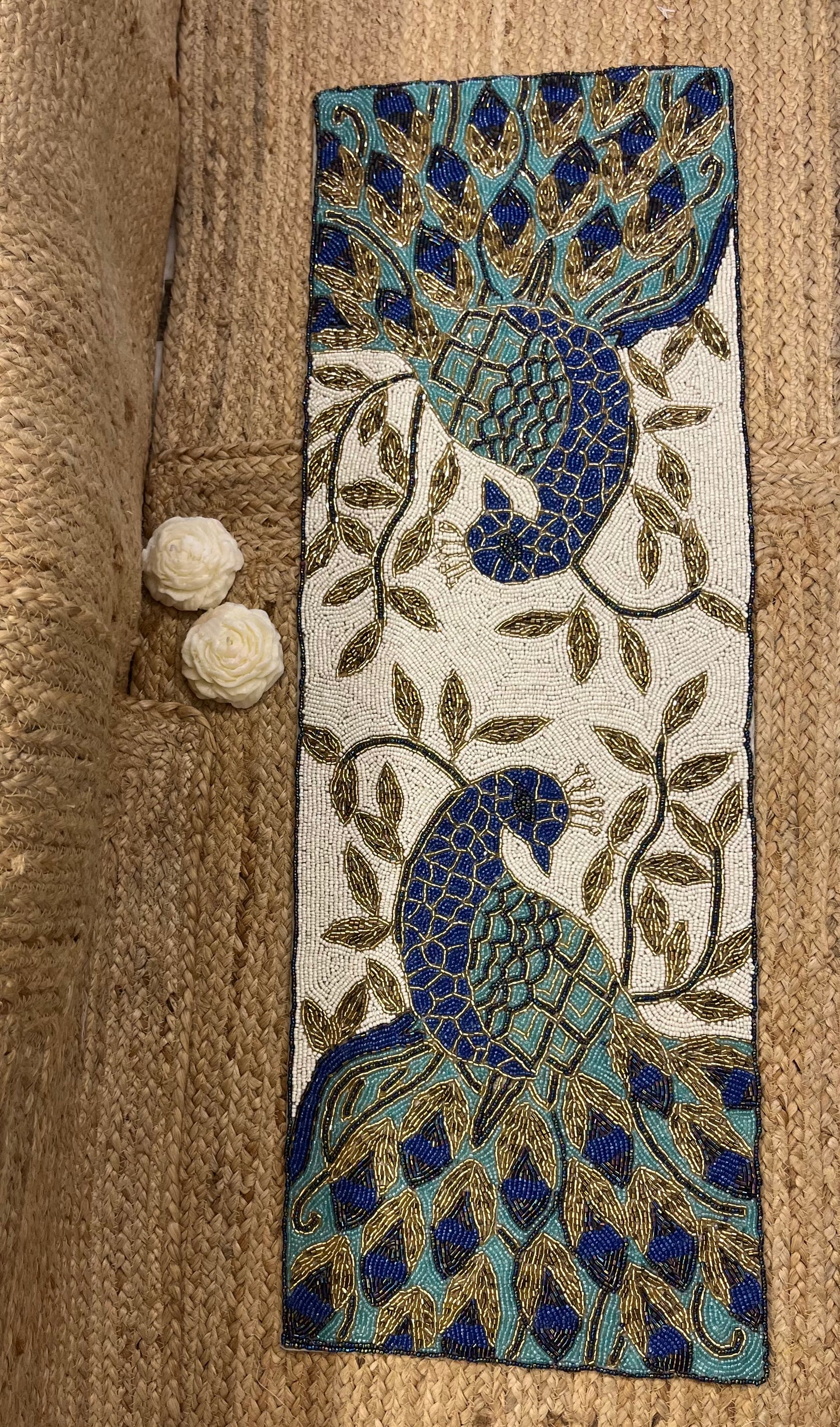 Blue Peacock Glass Beaded Table Runner (35 inch x 12 inch)