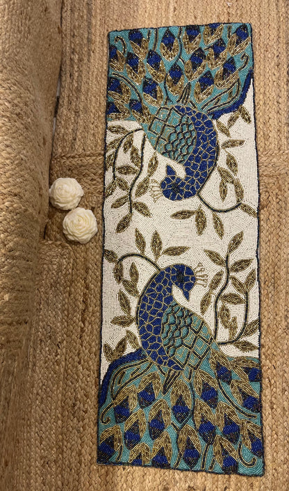 Blue Peacock Glass Beaded Table Runner (35 inch x 12 inch)