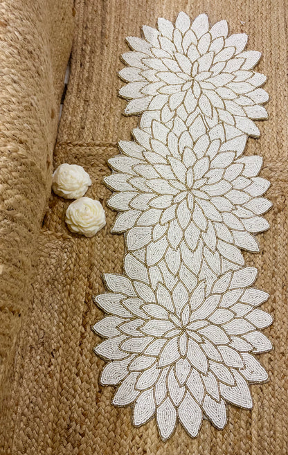 White Floral Glass Beaded Table Runner (34 inch x 12 inch)