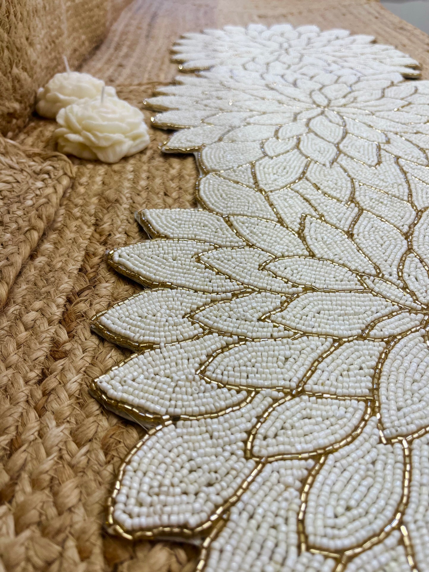 White Floral Glass Beaded Table Runner (34 inch x 12 inch)