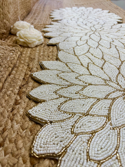 White Floral Glass Beaded Table Runner (34 inch x 12 inch)