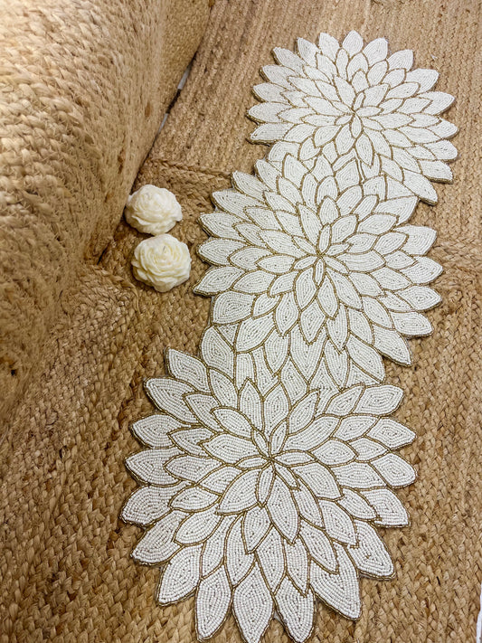 White Floral Glass Beaded Table Runner (34 inch x 12 inch)