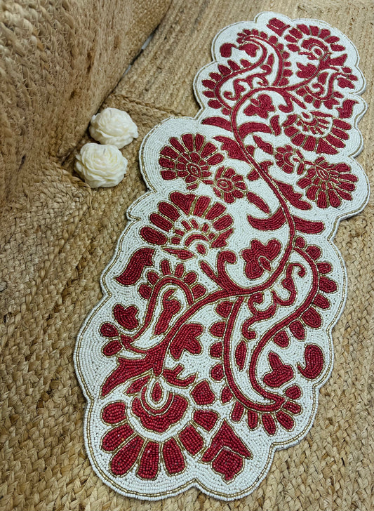 Red Floral Abstract Glass Beaded Table Runner (35 inch x 12 inch)
