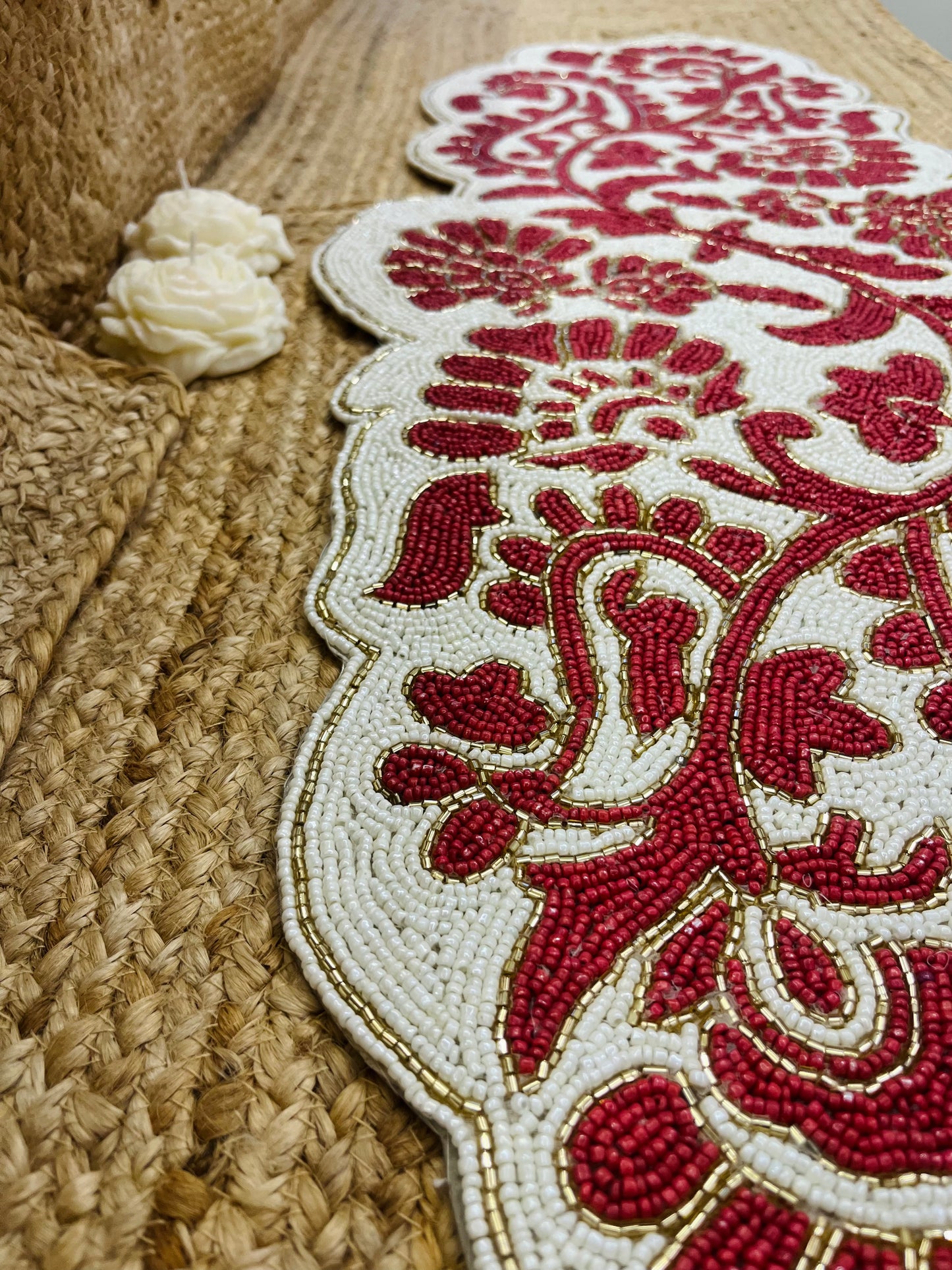 Red Floral Abstract Glass Beaded Table Runner (35 inch x 12 inch)