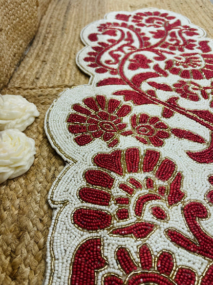 Red Floral Abstract Glass Beaded Table Runner (35 inch x 12 inch)