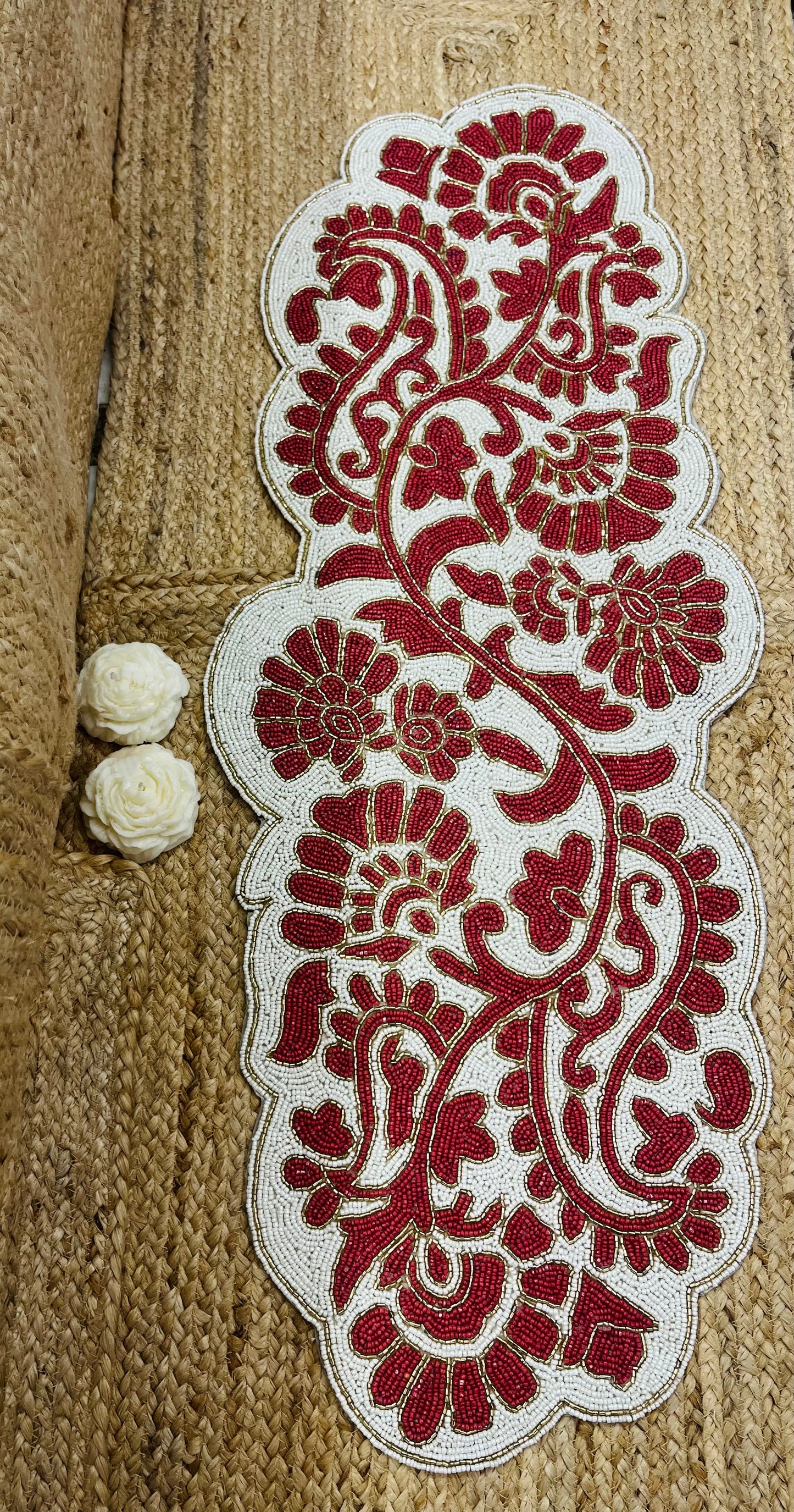 Red Floral Abstract Glass Beaded Table Runner (35 inch x 12 inch)
