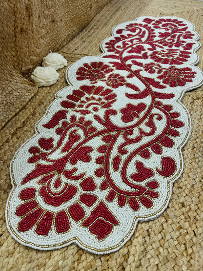 Red Floral Abstract Glass Beaded Table Runner (35 inch x 12 inch)