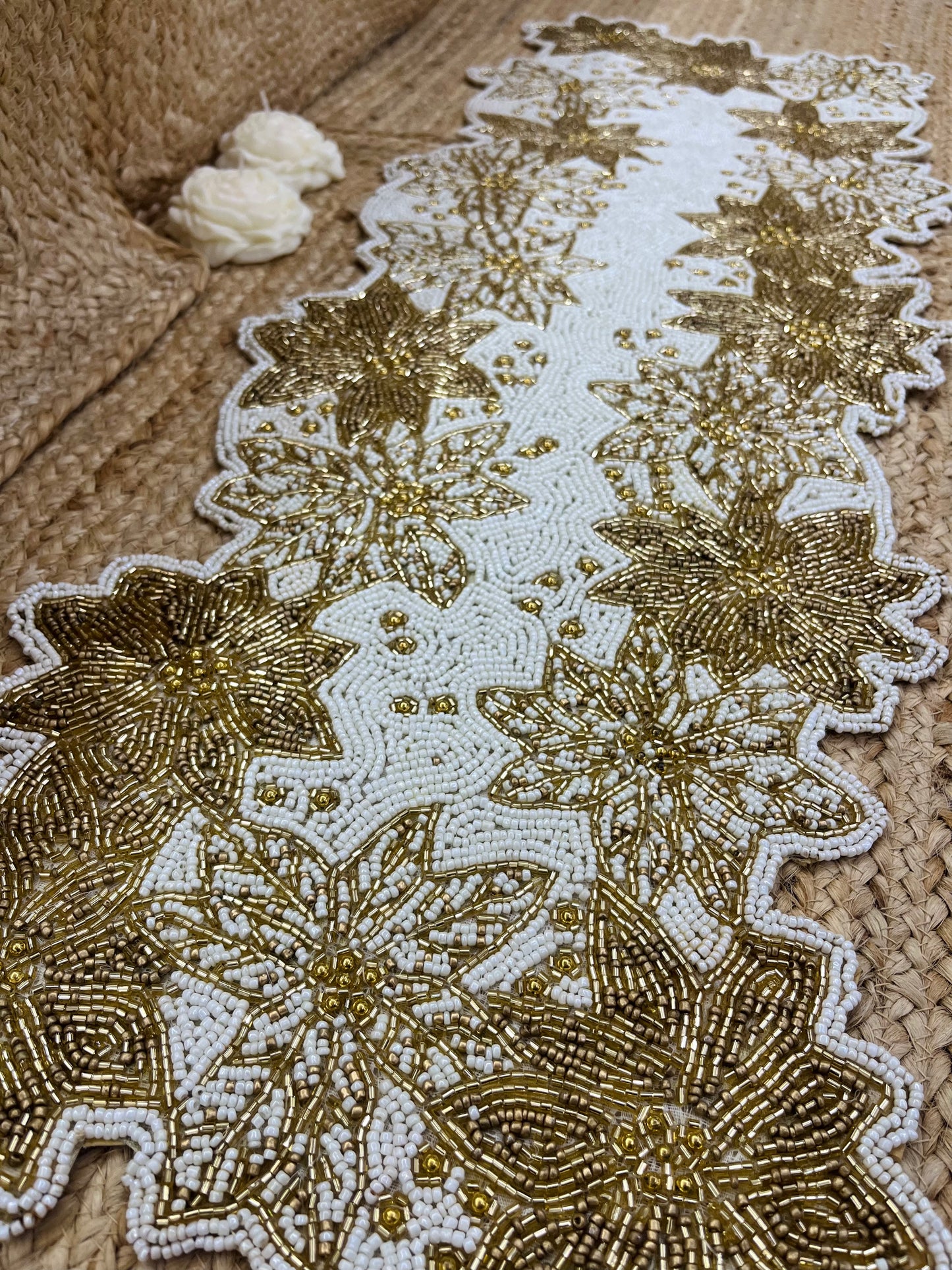 Golden White Abstract Glass Beaded Runner (35 inch x 12 inch)