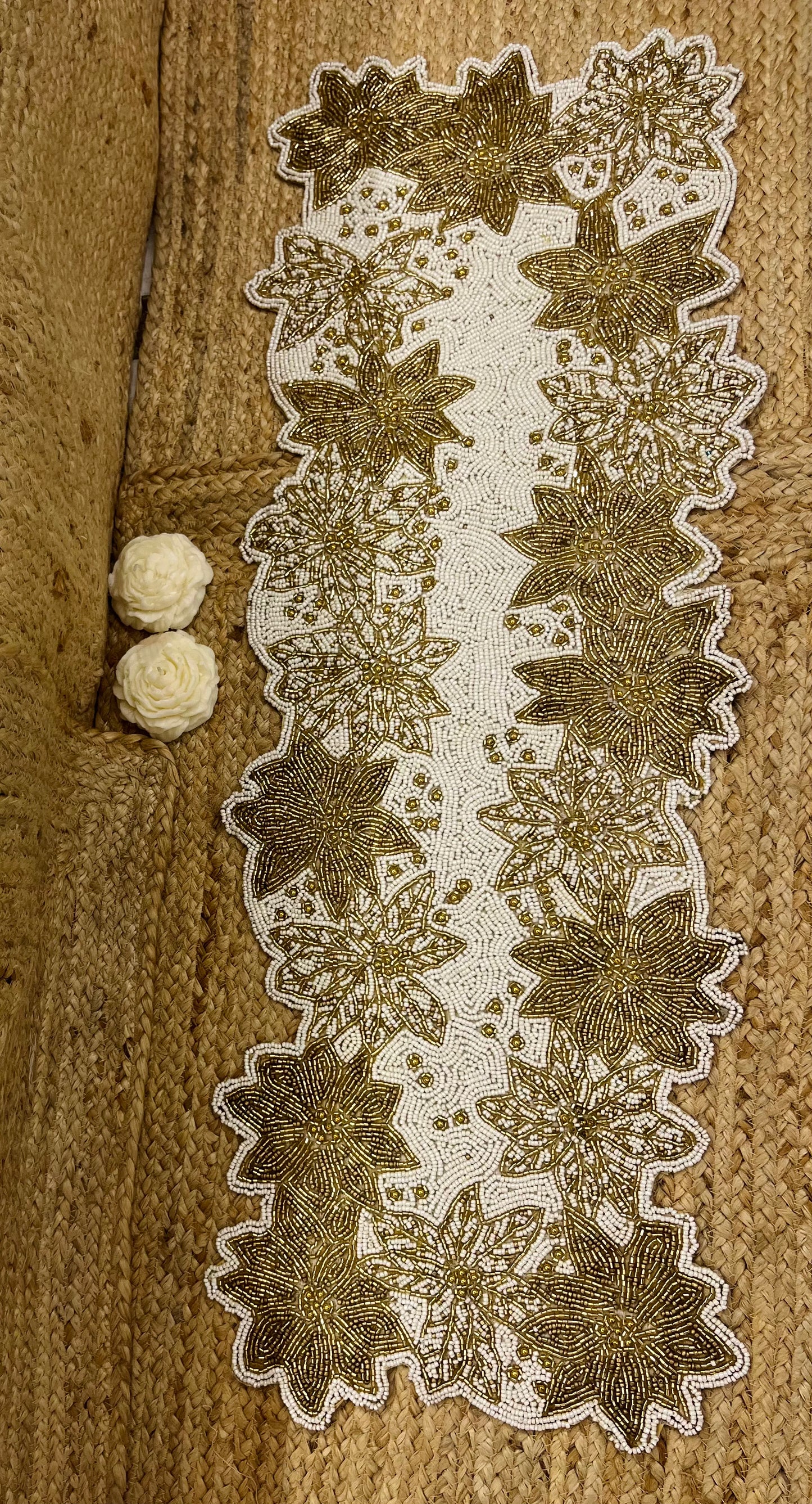 Golden White Abstract Glass Beaded Runner (35 inch x 12 inch)