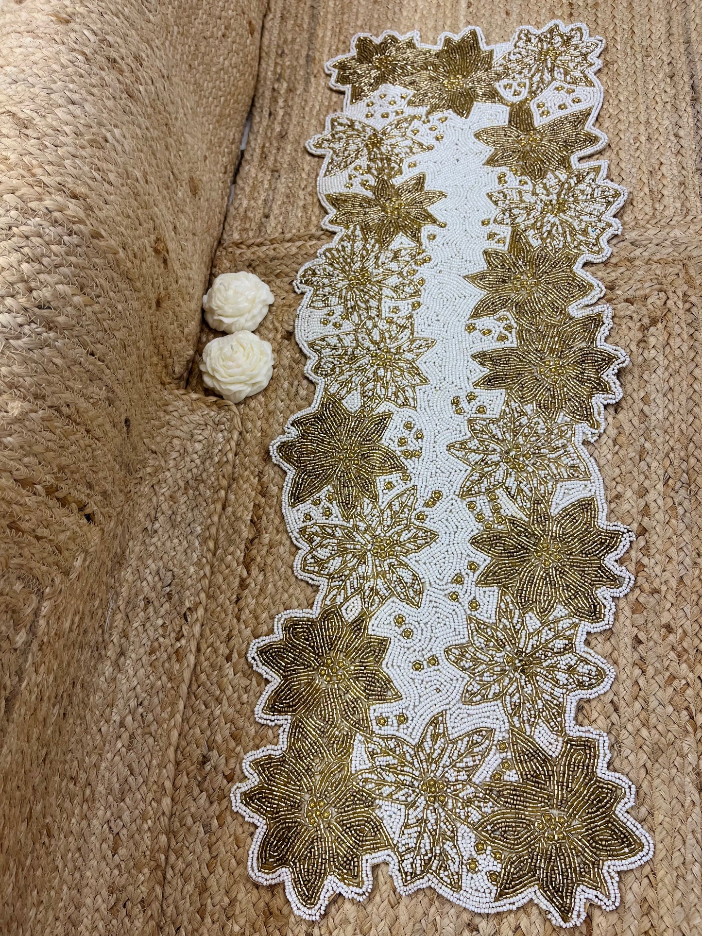 Golden White Abstract Glass Beaded Runner (35 inch x 12 inch)